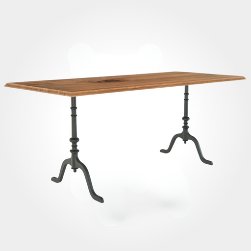 Rechteckiger Beizentisch nach Mass mit edler Ulmenholzplatte. Zwei filigrane, stabile Gussfüße mit jeweils vier Beinen sorgen für sicheren Stand. Ideal als Restauranttisch, Bartisch oder Bistrotisch für flexible Einsätze.