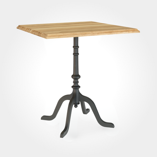 Quadratischer Beizentisch mit massiver Tischplatte aus Kernbuche. Der klassische Gussfuß mit vier Beinen bietet stabilen Halt und verleiht dem Restauranttisch, Beizenstuhl- oder Bartisch-Charakter. Ideal für Gastronomie oder gemütliche Beizen.