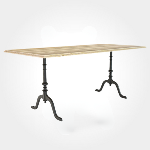 Rechteckiger Bartisch mit robuster Eichenholzplatte. Getragen von zwei stabilen Gusseisenfüßen mit je vier Beinen, ideal für stilvolle Bars, Beizen und Restaurants.