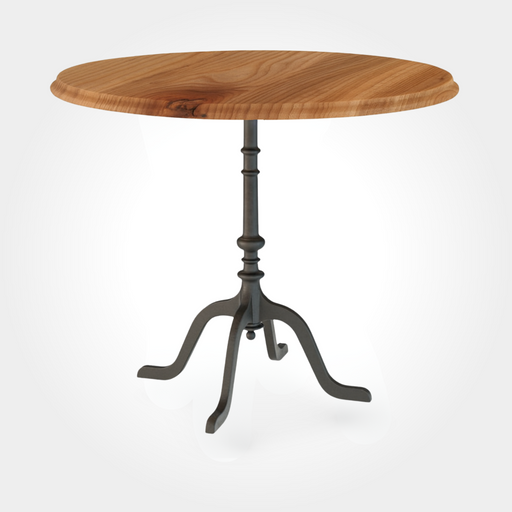 Runder Beizentisch mit massiver Ulmenholzplatte, elegant gemasert. Stabiler Gussfuß mit vier geschwungenen Beinen sorgt für sicheren Halt – ideal als Restauranttisch, Bistrotisch oder Bartisch.