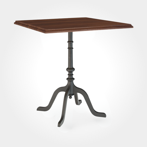 Quadratischer Bistrotisch aus massivem amerikanischem Nussbaumholz. Charaktervolle Maserung trifft auf einen Gusseisenfuß mit vier Beinen – ideal für gemütliche Bistros, Restaurants und Beizen.