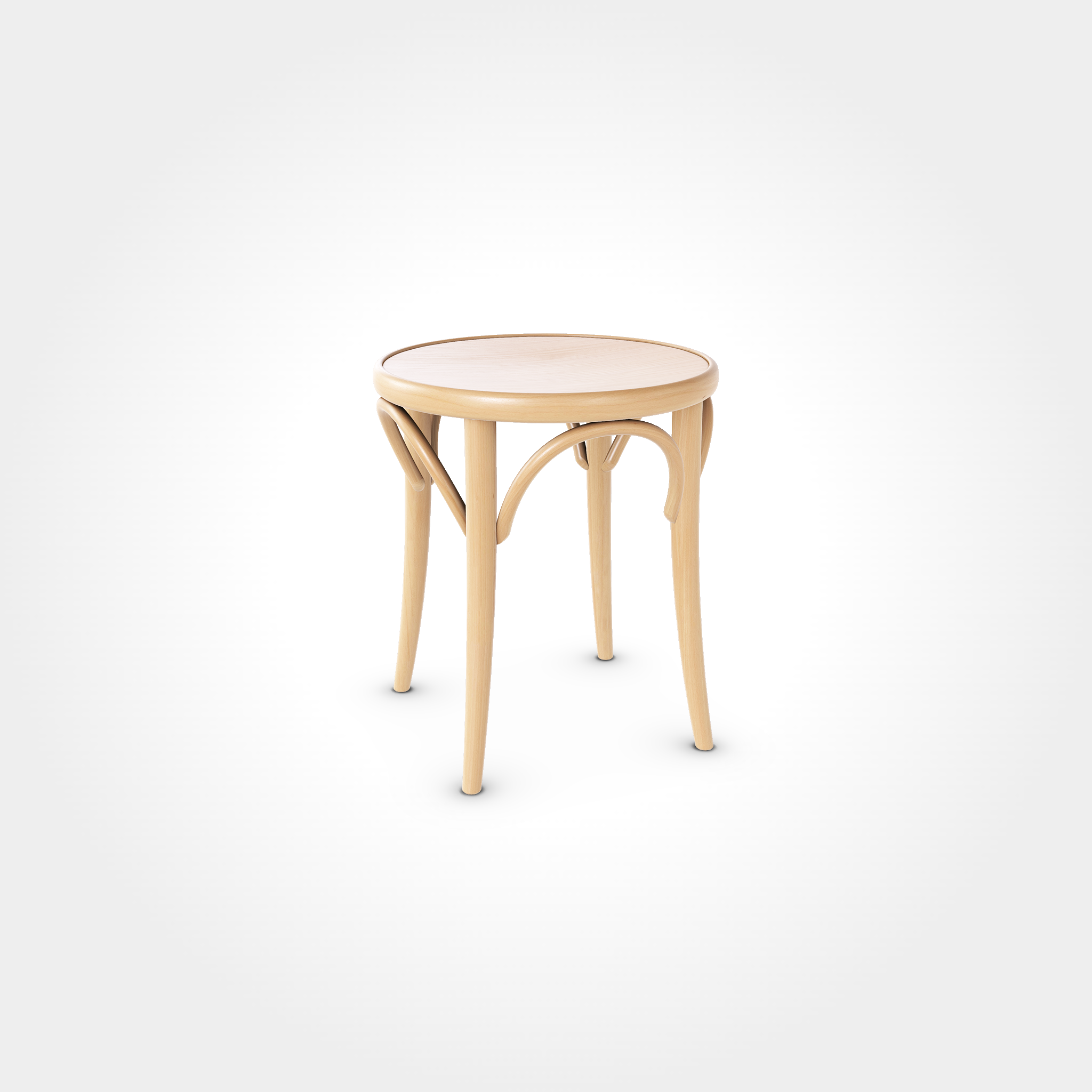 Runder Beizenhocker aus lackiertem Naturholz mit geschwungenen Verstrebungen, ideal für Restaurants, Bars und Cafés im klassischen Stil.